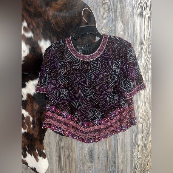 Laurence Kazar Tops - Laurence Kazar black 100% silk beaded pink and purple floral swirl top size 1X